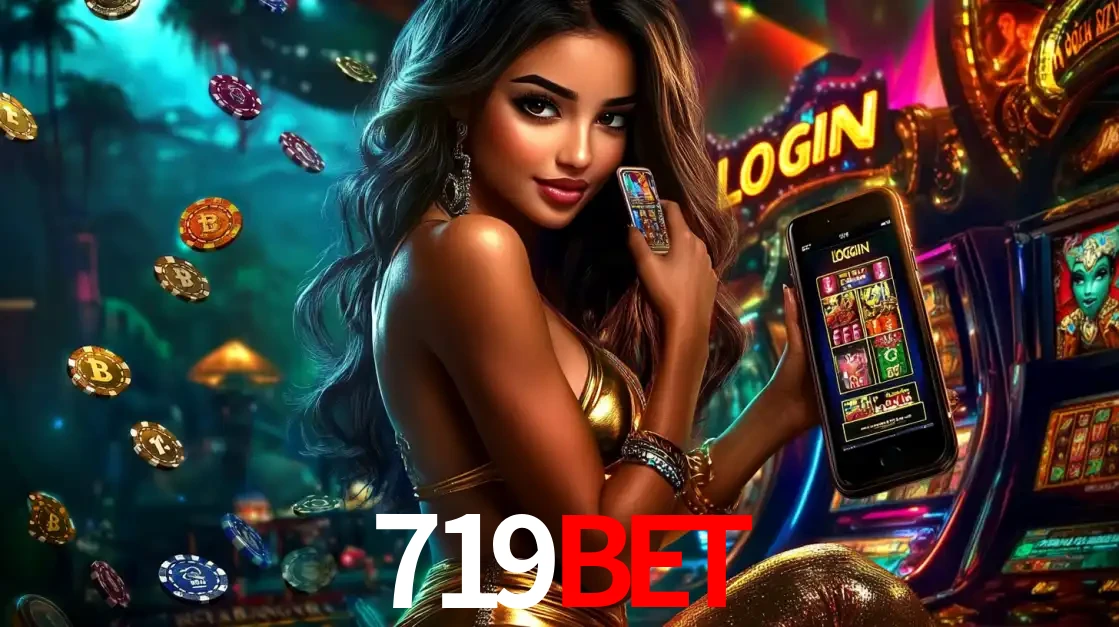Mulher em um cenário de cassino temático de aventura, mostrando o app de caça-níqueis da 719BET no celular. Fichas de apostas flutuam ao redor.