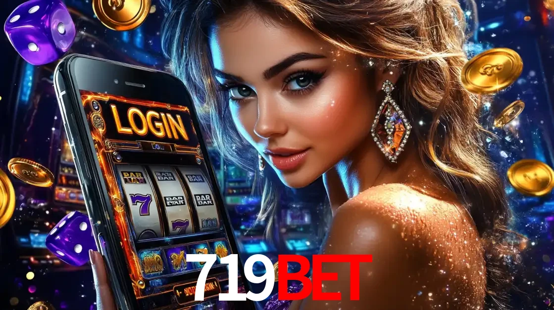 Mulher glamorosa segurando um smartphone com a tela de login para os jogos de caça-níqueis do cassino online 719BET, com moedas de ouro e dados ao redor.