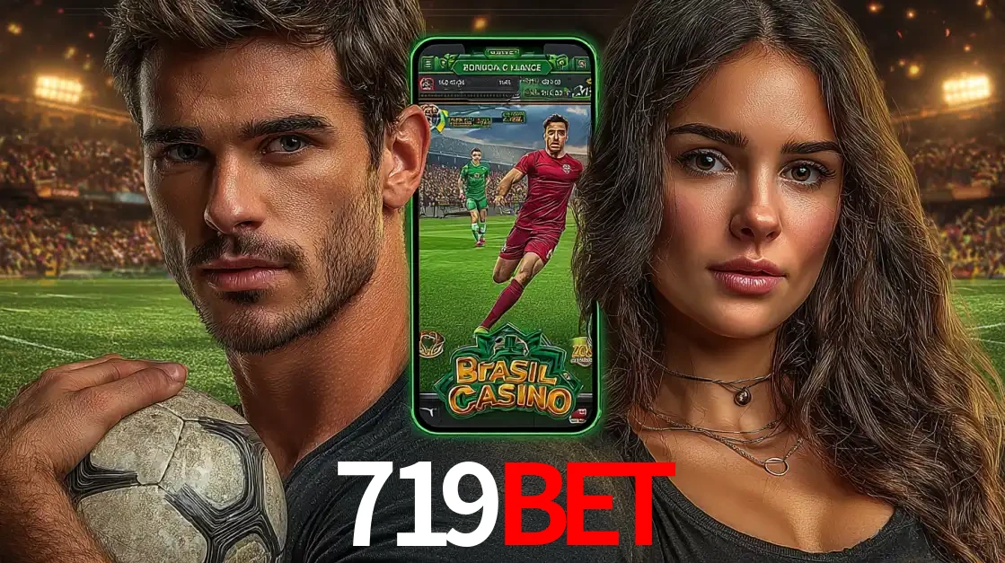 Homem segurando uma bola de futebol e uma mulher ao lado de um smartphone exibindo o jogo de apostas esportivas da 719BET. Faça seu palpite no cassino online.